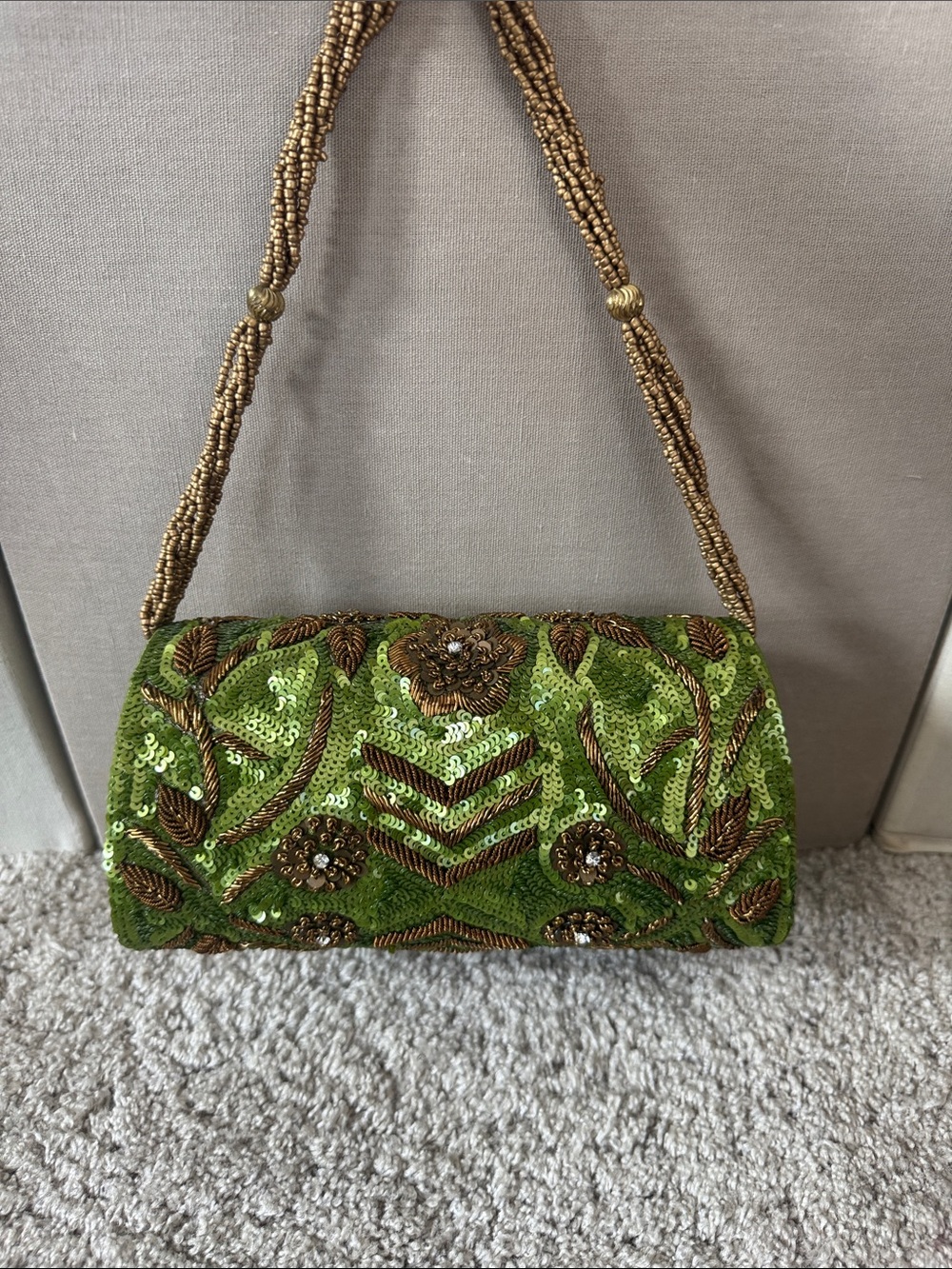 Regency Green Sequin Floral Evening Clutch with Beaded Strap - Picture 4 of 4